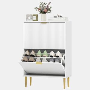 Sapateira estreita com 2 portas caneladas e prateleiras ajustáveis para 12 pares de sapatos, 60x24x91,5 cm, branca
