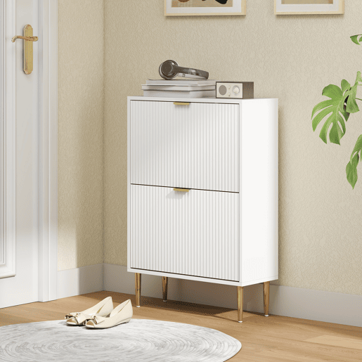 Sapateira estreita com 2 portas caneladas e prateleiras ajustáveis para 12 pares de sapatos, 60x24x91,5 cm, branca Sapateira estreita com 2 portas caneladas e prateleiras ajustáveis para 12 pares de sapatos, 60x24x91,5 cm, branca