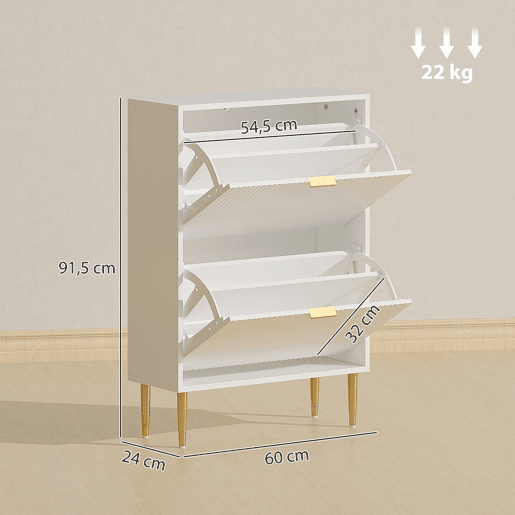 Sapateira estreita com 2 portas caneladas e prateleiras ajustáveis para 12 pares de sapatos, 60x24x91,5 cm, branca Sapateira estreita com 2 portas caneladas e prateleiras ajustáveis para 12 pares de sapatos, 60x24x91,5 cm, branca