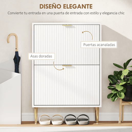 Sapateira estreita com 2 portas caneladas e prateleiras ajustáveis para 12 pares de sapatos, 60x24x91,5 cm, branca Sapateira estreita com 2 portas caneladas e prateleiras ajustáveis para 12 pares de sapatos, 60x24x91,5 cm, branca