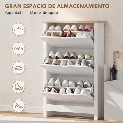 Sapateira branca, alta, com 3 gavetas basculantes para 18 pares de sapatos, 72x26x112 cm, branca