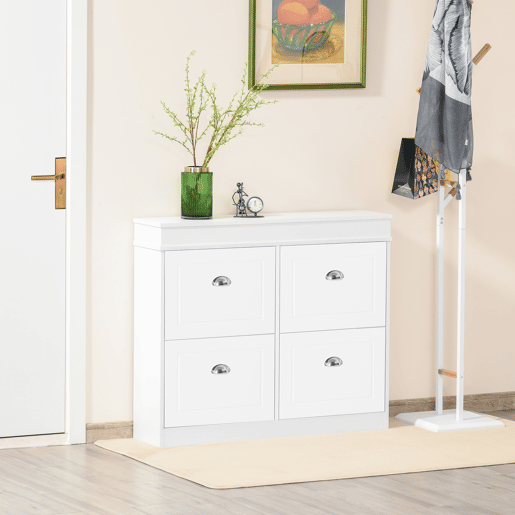 Sapateira estreita com 4 portas, prateleiras ajustáveis e removíveis, capacidade para 16 pares, ideal para hall de entrada, 98 x 24 x 83 cm, branca Sapateira estreita com 4 portas, prateleiras ajustáveis e removíveis, capacidade para 16 pares, ideal para hall de entrada, 98 x 24 x 83 cm, branca