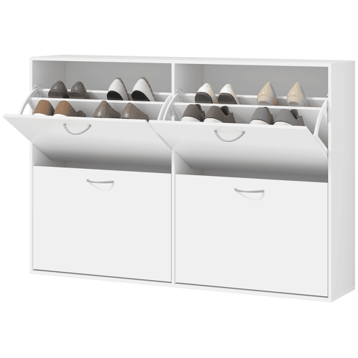 Sapateira branca moderna com 4 gavetas basculantes para 16 a 24 pares de sapatos, ideal para hall de entrada, 120 x 24 x 81 cm