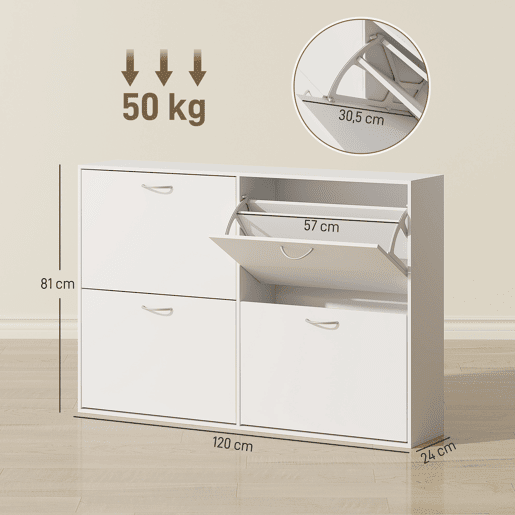 Sapateira branca moderna com 4 gavetas basculantes para 16 a 24 pares de sapatos, ideal para hall de entrada, 120 x 24 x 81 cm