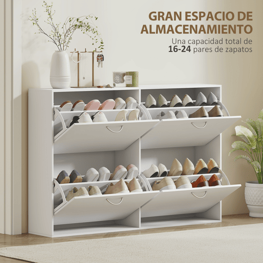 Sapateira branca moderna com 4 gavetas basculantes para 16 a 24 pares de sapatos, ideal para hall de entrada, 120 x 24 x 81 cm