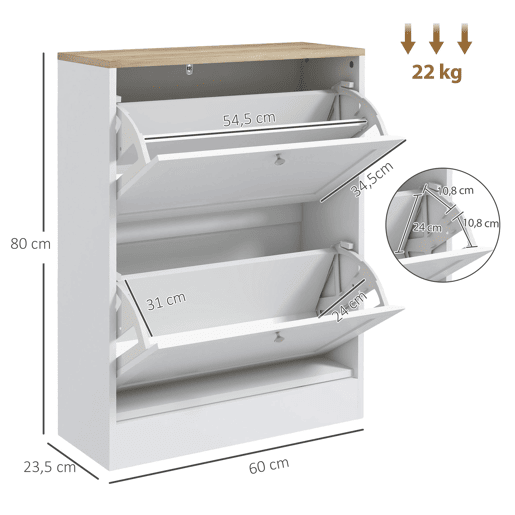 Sapateira pararedor com 2 portas e prateleiras ajustáveis para 12 pares de sapatos, 60x23,5x80 cm, branca