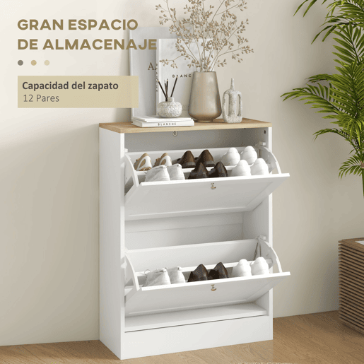 Sapateira pararedor com 2 portas e prateleiras ajustáveis para 12 pares de sapatos, 60x23,5x80 cm, branca