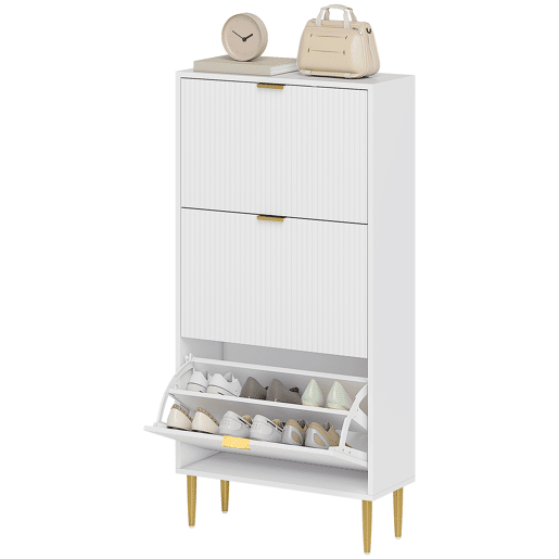 Sapateira estreita com 3 portas caneladas e prateleiras ajustáveis para 18 pares de sapatos, 60x24x122,5 cm, branca Sapateira estreita com 3 portas caneladas e prateleiras ajustáveis para 18 pares de sapatos, 60x24x122,5 cm, branca