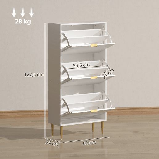 Sapateira estreita com 3 portas caneladas e prateleiras ajustáveis para 18 pares de sapatos, 60x24x122,5 cm, branca Sapateira estreita com 3 portas caneladas e prateleiras ajustáveis para 18 pares de sapatos, 60x24x122,5 cm, branca