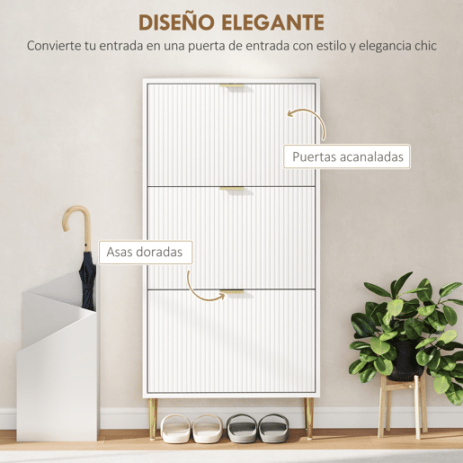 Sapateira estreita com 3 portas caneladas e prateleiras ajustáveis para 18 pares de sapatos, 60x24x122,5 cm, branca Sapateira estreita com 3 portas caneladas e prateleiras ajustáveis para 18 pares de sapatos, 60x24x122,5 cm, branca