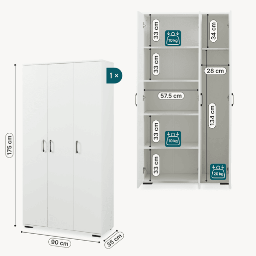 Armário multifuncional Chalvefted com 3 portas e compartimentos 175x90x35 cm Branco en.casa