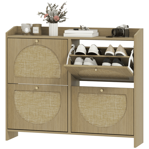 Sapateira estreita de rattan com 4 portas e prateleiras ajustáveis para 16 pares de sapatos, 104,5 x 24 x 88 cm, natural Sapateira estreita de rattan com 4 portas e prateleiras ajustáveis para 16 pares de sapatos, 104,5 x 24 x 88 cm, natural