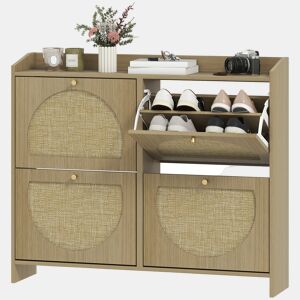 Sapateira estreita de rattan com 4 portas e prateleiras ajustáveis para 16 pares de sapatos, 104,5 x 24 x 88 cm, natural