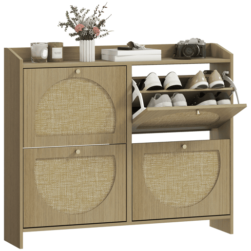 Sapateira estreita de rattan com 4 portas e prateleiras ajustáveis para 16 pares de sapatos, 104,5 x 24 x 88 cm, natural Sapateira estreita de rattan com 4 portas e prateleiras ajustáveis para 16 pares de sapatos, 104,5 x 24 x 88 cm, natural