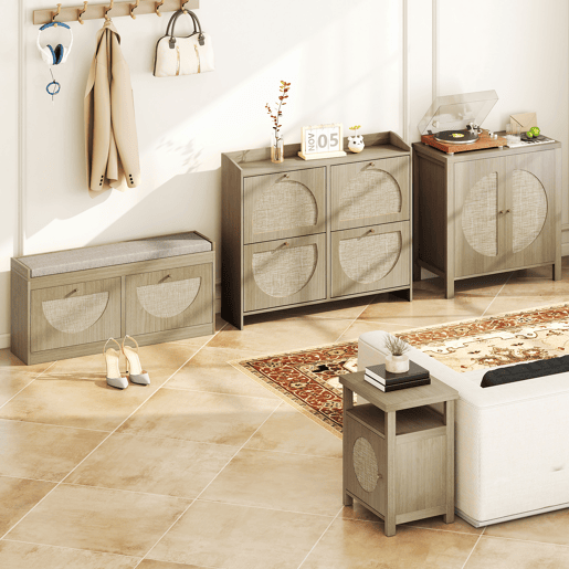 Sapateira estreita de rattan com 4 portas e prateleiras ajustáveis para 16 pares de sapatos, 104,5 x 24 x 88 cm, natural Sapateira estreita de rattan com 4 portas e prateleiras ajustáveis para 16 pares de sapatos, 104,5 x 24 x 88 cm, natural