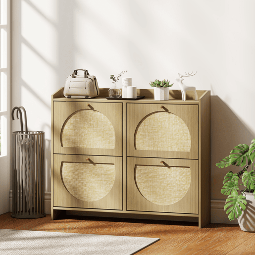 Sapateira estreita de rattan com 4 portas e prateleiras ajustáveis para 16 pares de sapatos, 104,5 x 24 x 88 cm, natural Sapateira estreita de rattan com 4 portas e prateleiras ajustáveis para 16 pares de sapatos, 104,5 x 24 x 88 cm, natural