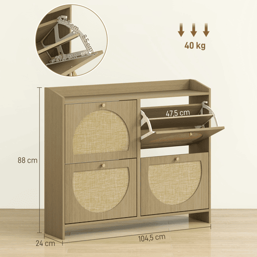 Sapateira estreita de rattan com 4 portas e prateleiras ajustáveis para 16 pares de sapatos, 104,5 x 24 x 88 cm, natural Sapateira estreita de rattan com 4 portas e prateleiras ajustáveis para 16 pares de sapatos, 104,5 x 24 x 88 cm, natural