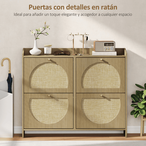 Sapateira estreita de rattan com 4 portas e prateleiras ajustáveis para 16 pares de sapatos, 104,5 x 24 x 88 cm, natural Sapateira estreita de rattan com 4 portas e prateleiras ajustáveis para 16 pares de sapatos, 104,5 x 24 x 88 cm, natural