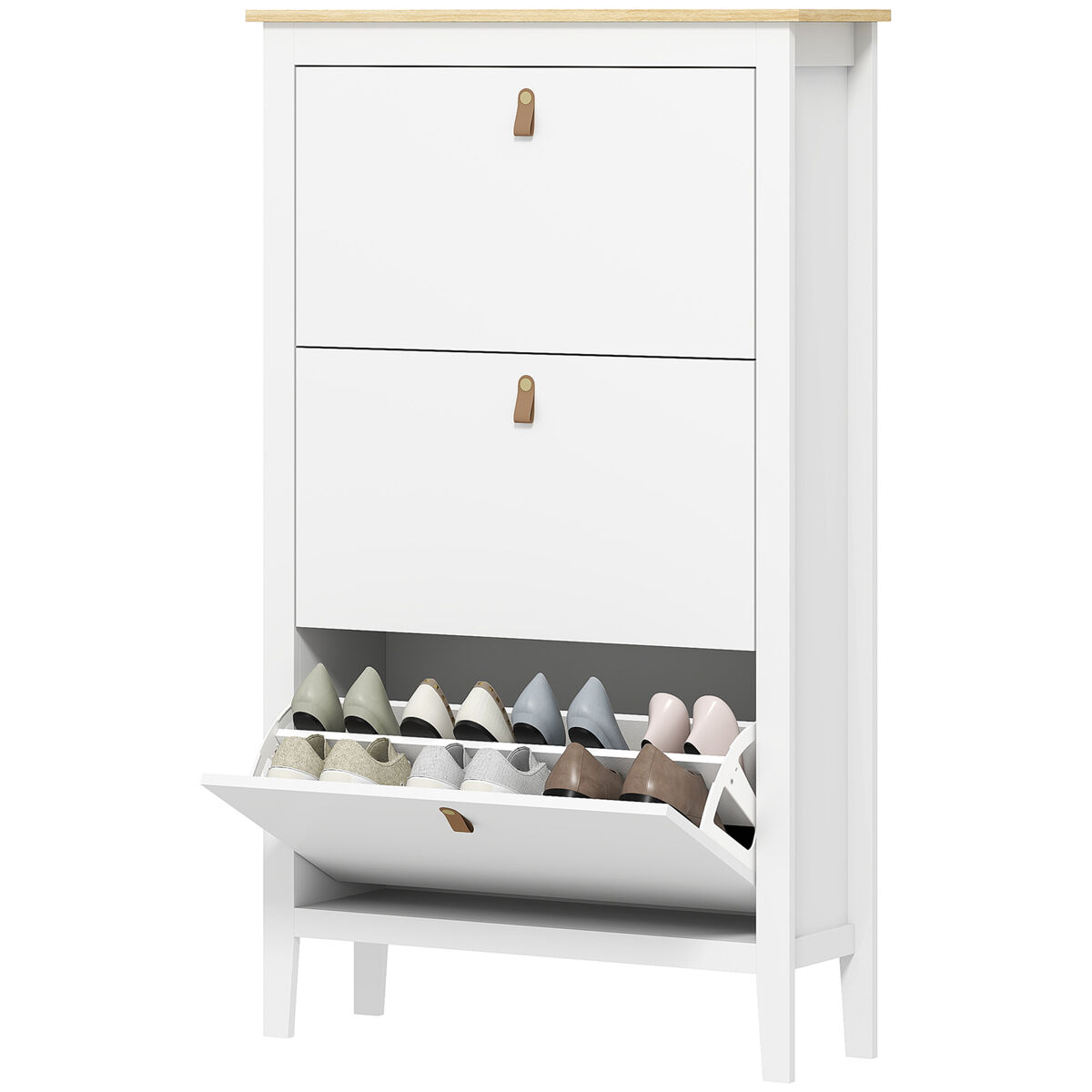 Zapatero estrecho con 3 compartimentos y tiradores de cuero pu para pasillos y recibidores 80x24x131 cm blanco y madera