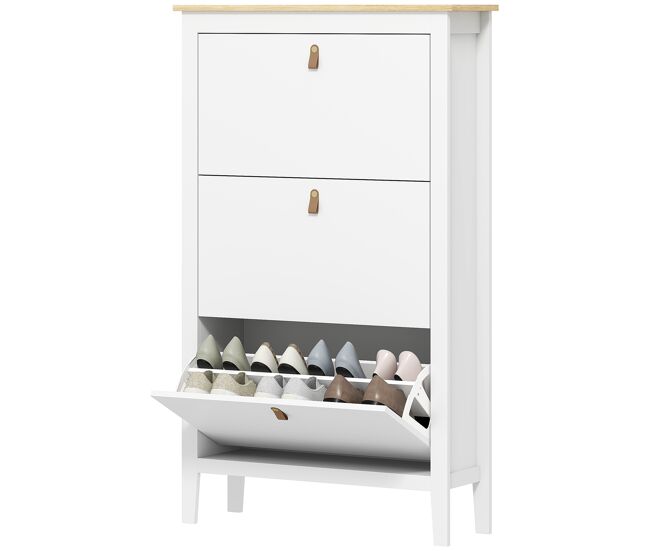 Zapatero estrecho con 3 compartimentos y tiradores de cuero pu para pasillos y recibidores 80x24x131 cm blanco y madera