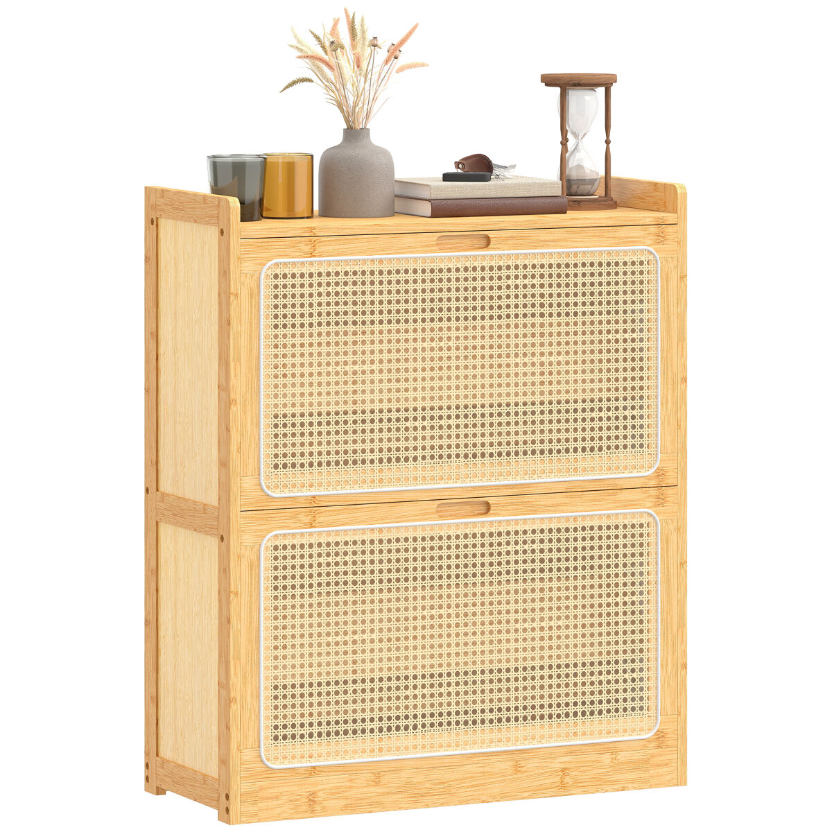 Zapatero estrecho de bambú con 2 cajones abatibles de ratán para 12-14 pares 69x29x83 cm natural