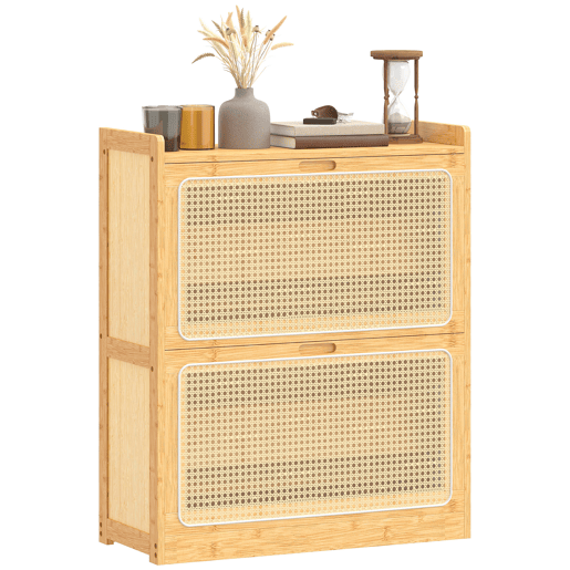 Sapateira estreita de bambu com 2 gavetas basculantes de rattan para 12 a 14 pares de sapatos, 69 x 29 x 83 cm, natural