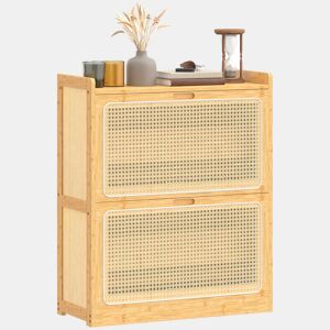 Sapateira estreita de bambu com 2 gavetas basculantes de rattan para 12 a 14 pares de sapatos, 69 x 29 x 83 cm, natural
