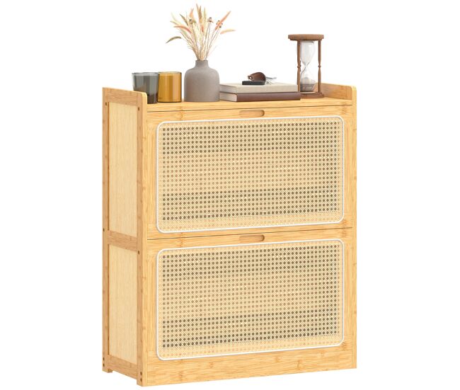 Zapatero estrecho de bambú con 2 cajones abatibles de ratán para 12-14 pares 69x29x83 cm natural