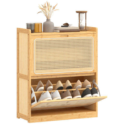 Sapateira estreita de bambu com 2 gavetas basculantes de rattan para 12 a 14 pares de sapatos, 69 x 29 x 83 cm, natural