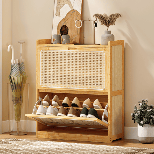 Sapateira estreita de bambu com 2 gavetas basculantes de rattan para 12 a 14 pares de sapatos, 69 x 29 x 83 cm, natural