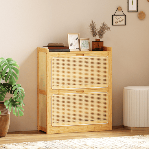 Sapateira estreita de bambu com 2 gavetas basculantes de rattan para 12 a 14 pares de sapatos, 69 x 29 x 83 cm, natural