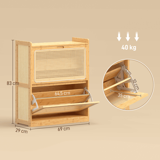 Sapateira estreita de bambu com 2 gavetas basculantes de rattan para 12 a 14 pares de sapatos, 69 x 29 x 83 cm, natural
