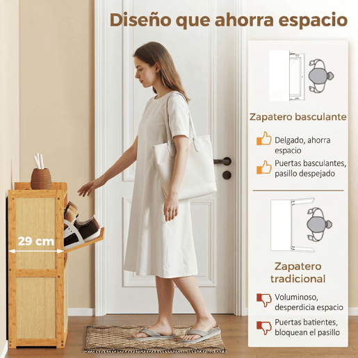 Sapateira estreita de bambu com 2 gavetas basculantes de rattan para 12 a 14 pares de sapatos, 69 x 29 x 83 cm, natural