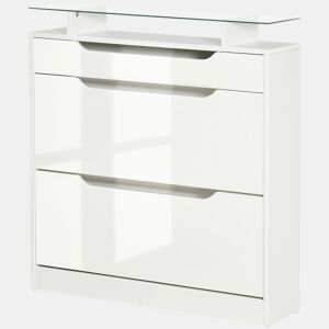 Sapateira estreita com 2 portas para 16 pares de sapatos, com gaveta, prateleira aberta e tampo de vidro, ideal para hall de entrada ouredor, 89 x 23 x 96 cm, branca