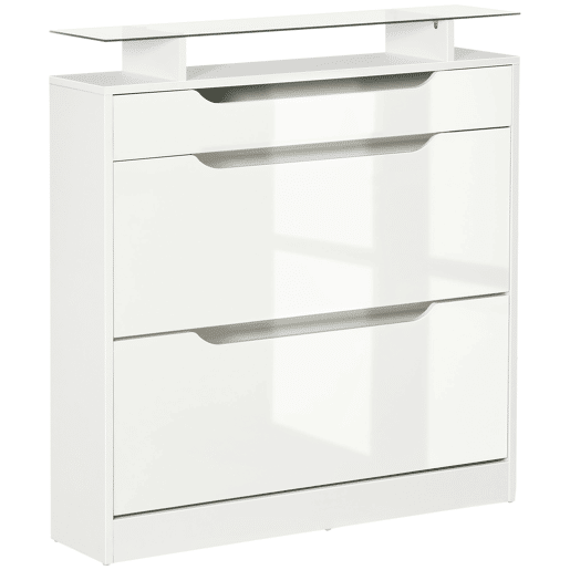 Sapateira estreita com 2 portas para 16 pares de sapatos, com gaveta, prateleira aberta e tampo de vidro, ideal para hall de entrada ouredor, 89 x 23 x 96 cm, branca Sapateira estreita com 2 portas para 16 pares de sapatos, com gaveta, prateleira aberta e tampo de vidro, ideal para hall de entrada ouredor, 89 x 23 x 96 cm, branca