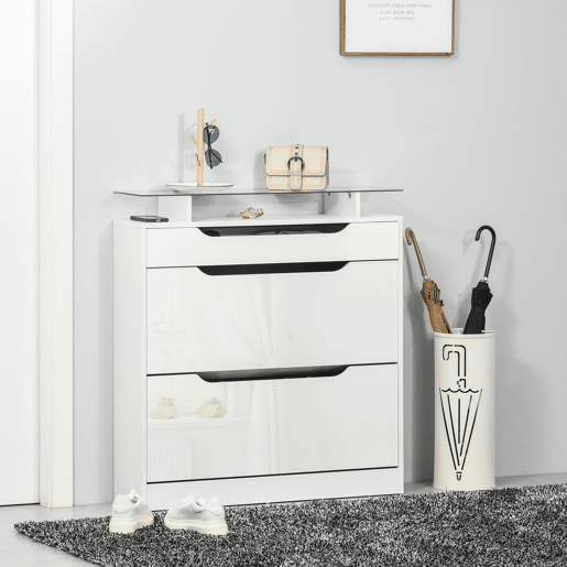 Sapateira estreita com 2 portas para 16 pares de sapatos, com gaveta, prateleira aberta e tampo de vidro, ideal para hall de entrada ouredor, 89 x 23 x 96 cm, branca Sapateira estreita com 2 portas para 16 pares de sapatos, com gaveta, prateleira aberta e tampo de vidro, ideal para hall de entrada ouredor, 89 x 23 x 96 cm, branca