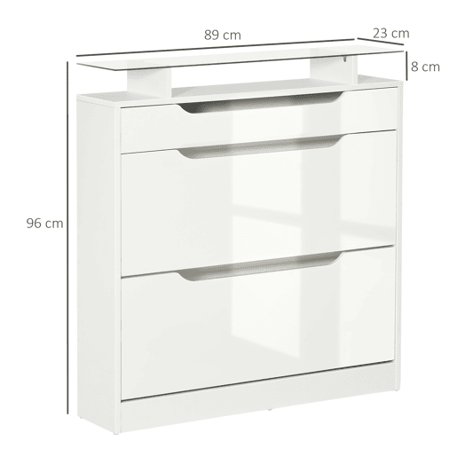 Sapateira estreita com 2 portas para 16 pares de sapatos, com gaveta, prateleira aberta e tampo de vidro, ideal para hall de entrada ouredor, 89 x 23 x 96 cm, branca Sapateira estreita com 2 portas para 16 pares de sapatos, com gaveta, prateleira aberta e tampo de vidro, ideal para hall de entrada ouredor, 89 x 23 x 96 cm, branca