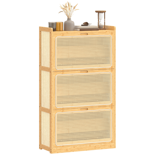 Sapateira estreita de bambu com 3 gavetas basculantes de rattan para 18 a 21 pares de sapatos, 69 x 29 x 119,8 cm, natural Sapateira estreita de bambu com 3 gavetas basculantes de rattan para 18 a 21 pares de sapatos, 69 x 29 x 119,8 cm, natural