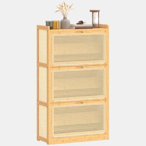 Sapateira estreita de bambu com 3 gavetas basculantes de rattan para 18 a 21 pares de sapatos, 69 x 29 x 119,8 cm, natural