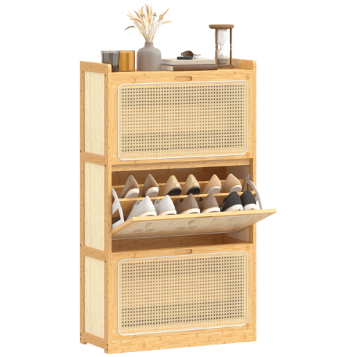 Sapateira estreita de bambu com 3 gavetas basculantes de rattan para 18 a 21 pares de sapatos, 69 x 29 x 119,8 cm, natural Sapateira estreita de bambu com 3 gavetas basculantes de rattan para 18 a 21 pares de sapatos, 69 x 29 x 119,8 cm, natural