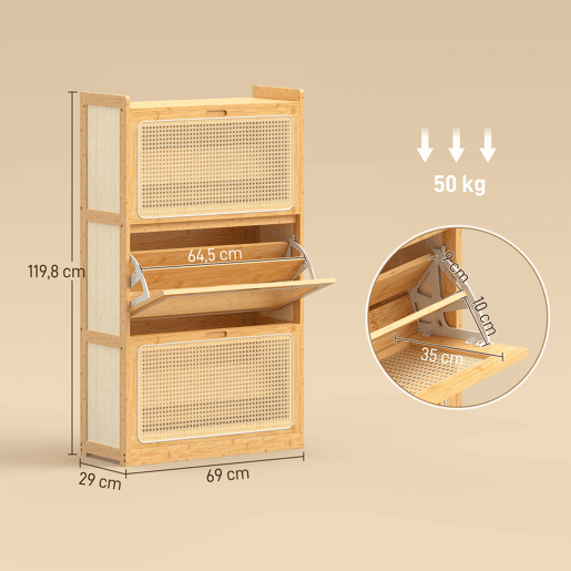 Sapateira estreita de bambu com 3 gavetas basculantes de rattan para 18 a 21 pares de sapatos, 69 x 29 x 119,8 cm, natural Sapateira estreita de bambu com 3 gavetas basculantes de rattan para 18 a 21 pares de sapatos, 69 x 29 x 119,8 cm, natural