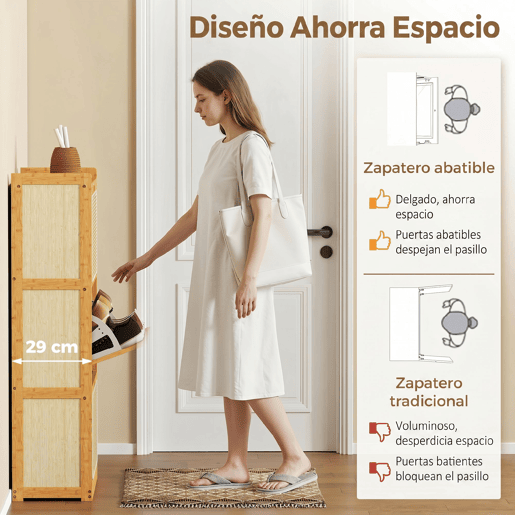 Sapateira estreita de bambu com 3 gavetas basculantes de rattan para 18 a 21 pares de sapatos, 69 x 29 x 119,8 cm, natural Sapateira estreita de bambu com 3 gavetas basculantes de rattan para 18 a 21 pares de sapatos, 69 x 29 x 119,8 cm, natural