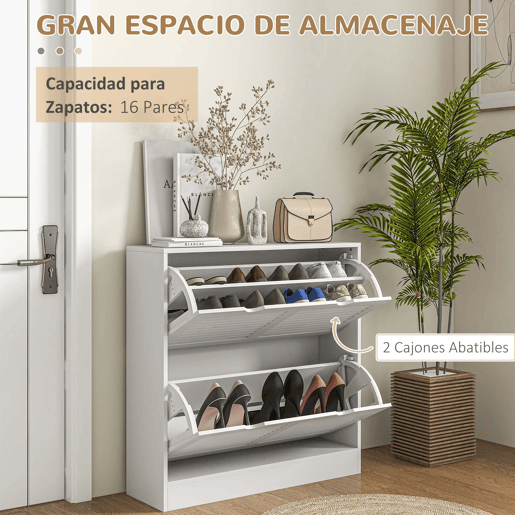 Sapateira de entrada com 2 gavetas basculantes e prateleiras ajustáveis para 16 pares de sapatos, 81,5 x 25 x 83 cm, branca