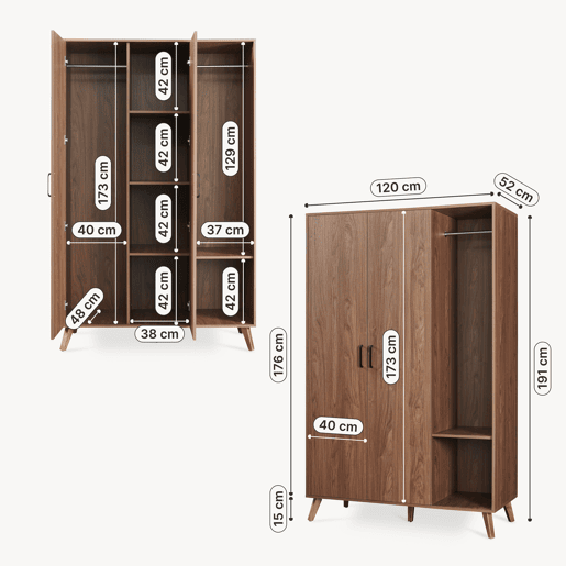 Roupeiro Norg 2 portas 2 varões 5 compartimentos 191x80x52 cm Aspecto nogueira en.casa