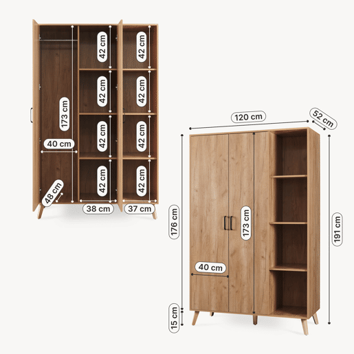 Roupeiro Norg 2 portas 1 varão 8 compartimentos 191x80x52 cm Aspecto carvalho en.casa