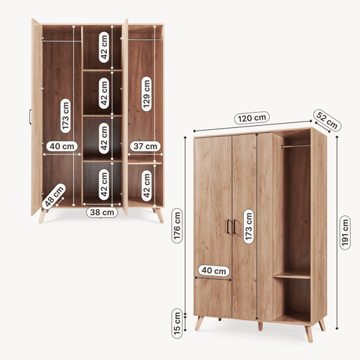 Roupeiro Norg 2 portas 2 varões 5 compartimentos 191x80x52 cm Aspecto carvalho en.casa