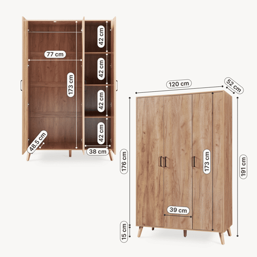 Roupeiro Norg 3 portas 1 varão 4 compartimentos 191x120x52 cm Aspecto carvalho en.casa