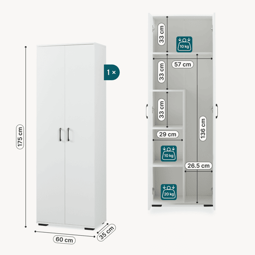 Armário multifuncional Chalvefted com 2 portas e compartimento para vassouras 175x60x35 cm Branco en.casa Armário multifuncional Chalvefted com 2 portas e compartimento para vassouras 175x60x35 cm Branco en.casa