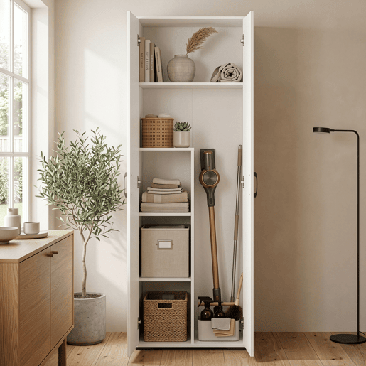 Armário multifuncional Chalvefted com 2 portas e compartimento para vassouras 175x60x35 cm Branco en.casa Armário multifuncional Chalvefted com 2 portas e compartimento para vassouras 175x60x35 cm Branco en.casa