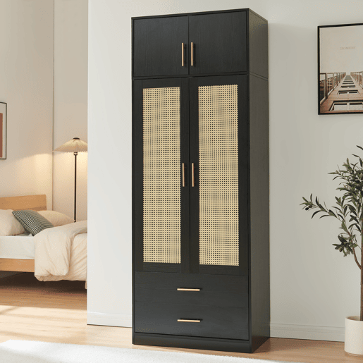 Roupeiro Larundi 4 portas 1 varão 2 gavetas 216x80x52cm Preto  Carvalho en.casa